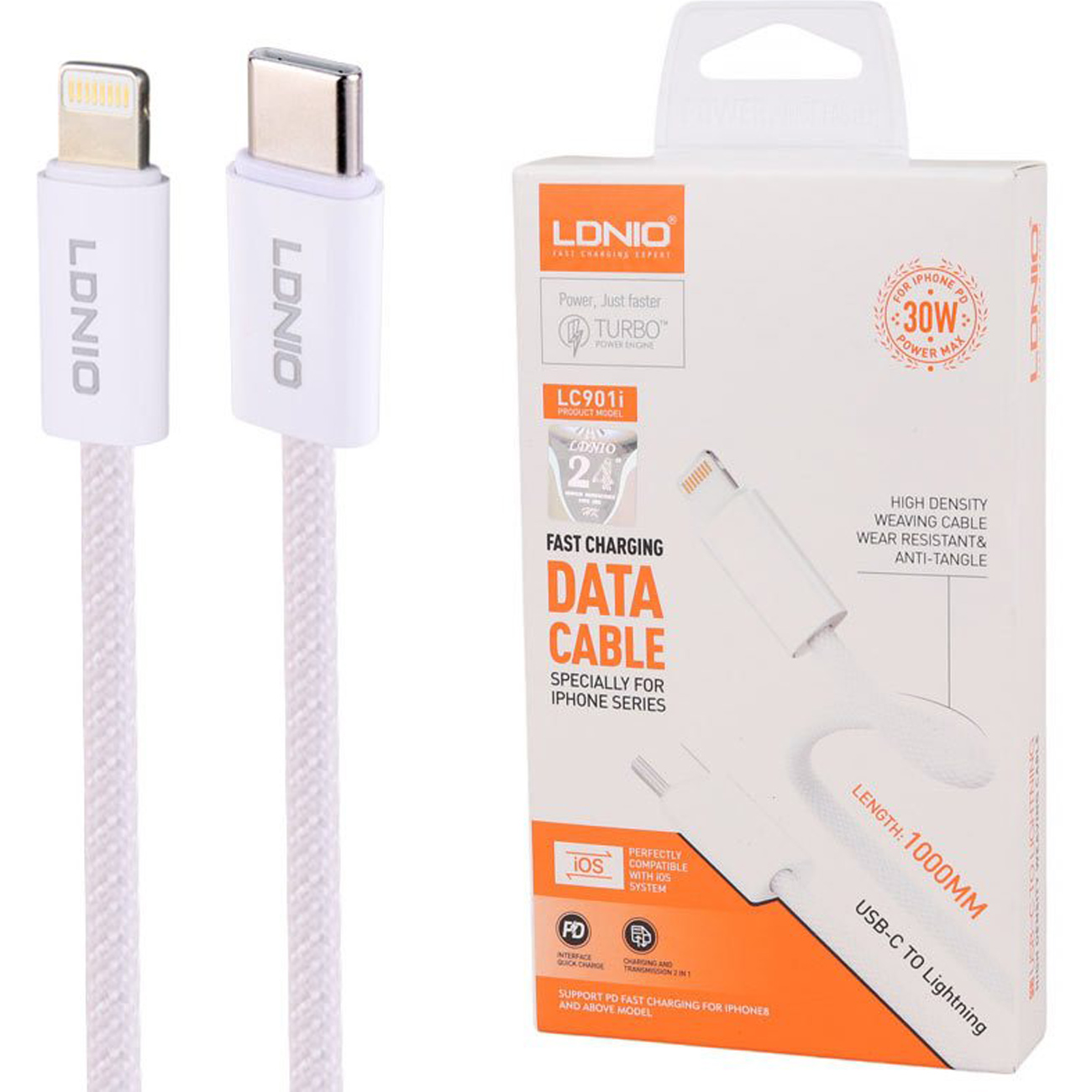 کابل شارژ LDNIO مدل LC901i وات30، USB-C به لایتنینگ، ۱ متر، پشتیبانی از شارژ سریع (PD)